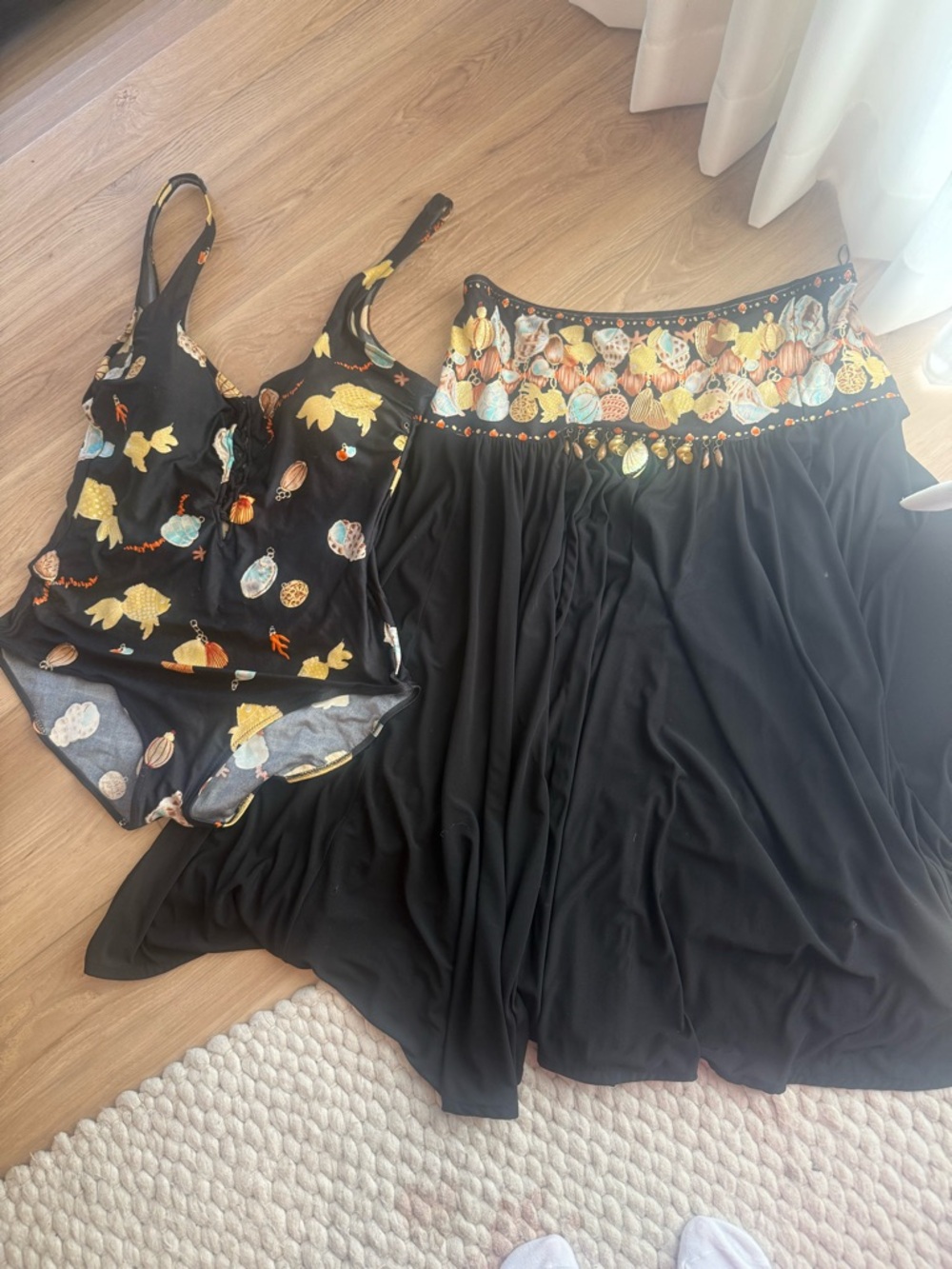 vintage Black Two-Piece Swim Set with Seashell Embroidery